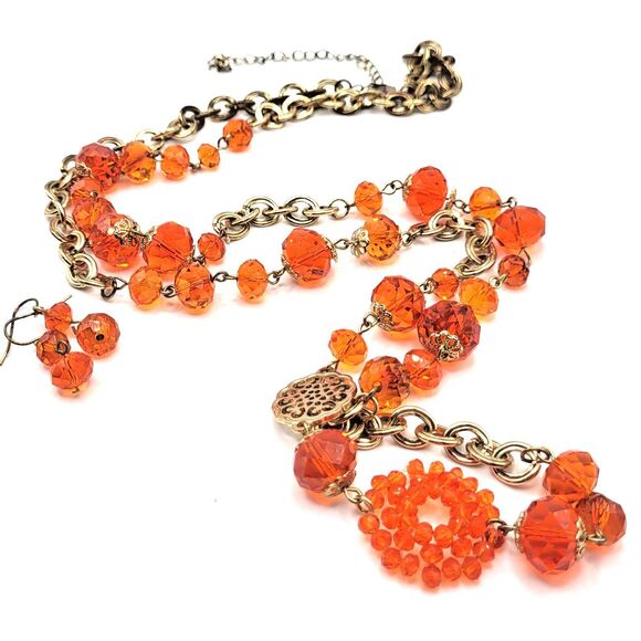 Vintage Estate 1970s Orange Chunky Long Strand Necklace Earrings Demi Parure set - Picture 1 of 5